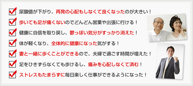 ☑ 尿酸値が下がり、再発の心配もしなくて良くなったのが大きい!
☑ 歩いても足が痛くないのでどんどん営業や出張に行ける!
☑ 健康に自信を取り戻し、鬱っぽい気分がすっかり消えた!
☑ 体が軽くなり、全体的に健康になった気がする!
☑ 妻と一緒に歩くことができるので、夫婦で過ごす時間が増えた!
☑ 足をひきずらなくても歩けるし、痛みを心配しなくて済む!
☑ ストレスもたまらずに毎日楽しく仕事ができるようになった!