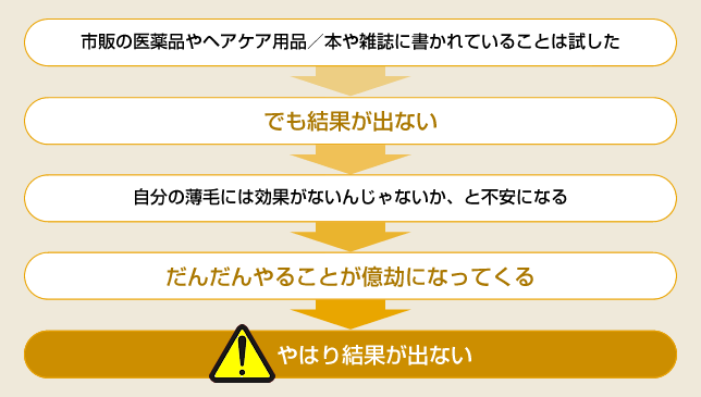 市販の医薬品やヘアケア用品/本や雑誌に書かれていることは試した
↓
でも結果が出ない
↓
自分の薄毛には効果がないんじゃないか、と不安になる
↓
だんだんやることが億劫になってくる
↓
結果が出ない