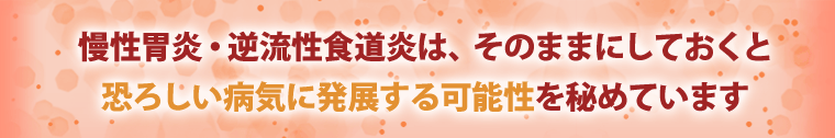 慢性胃炎・逆流性食道炎は、そのままにしておくと恐ろしい病気に発展する可能性を秘めています。