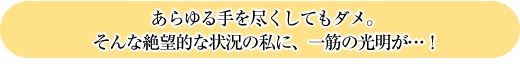あらゆる手を尽くしてもダメ。
そんな絶望的な状況の私に、一筋の光明が…!